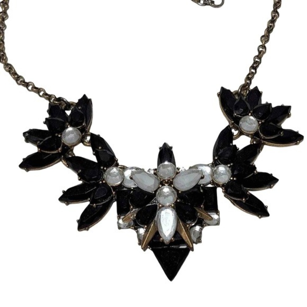 J. Crew Black Floral‎ Bib Statement Necklace Antiqued Gold Tone Resin Crystal